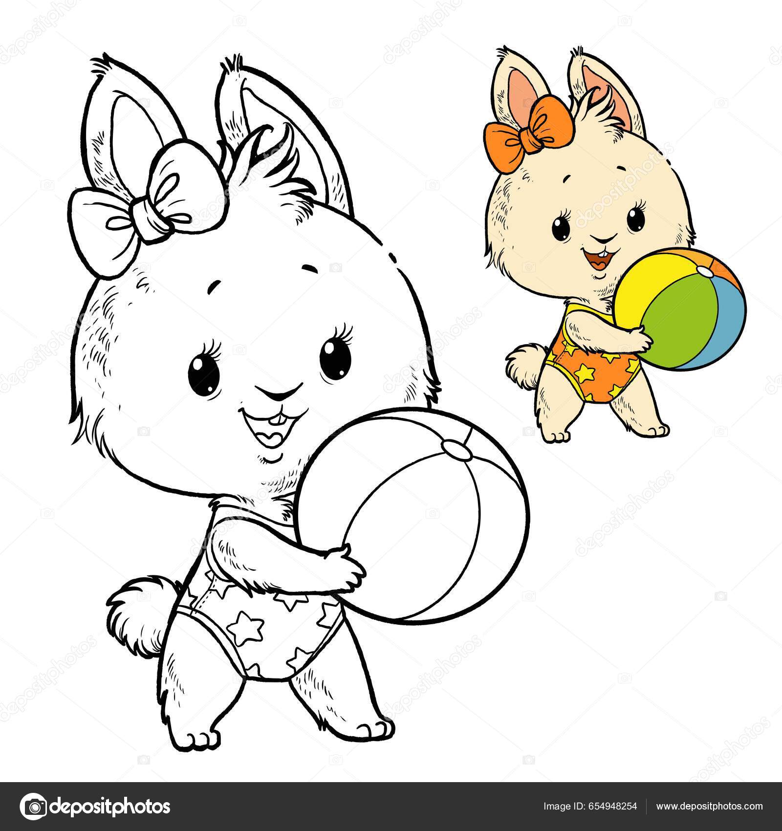 Cute cartoon summer white rabbit beach ball vector coloring page stock vector by yadviga