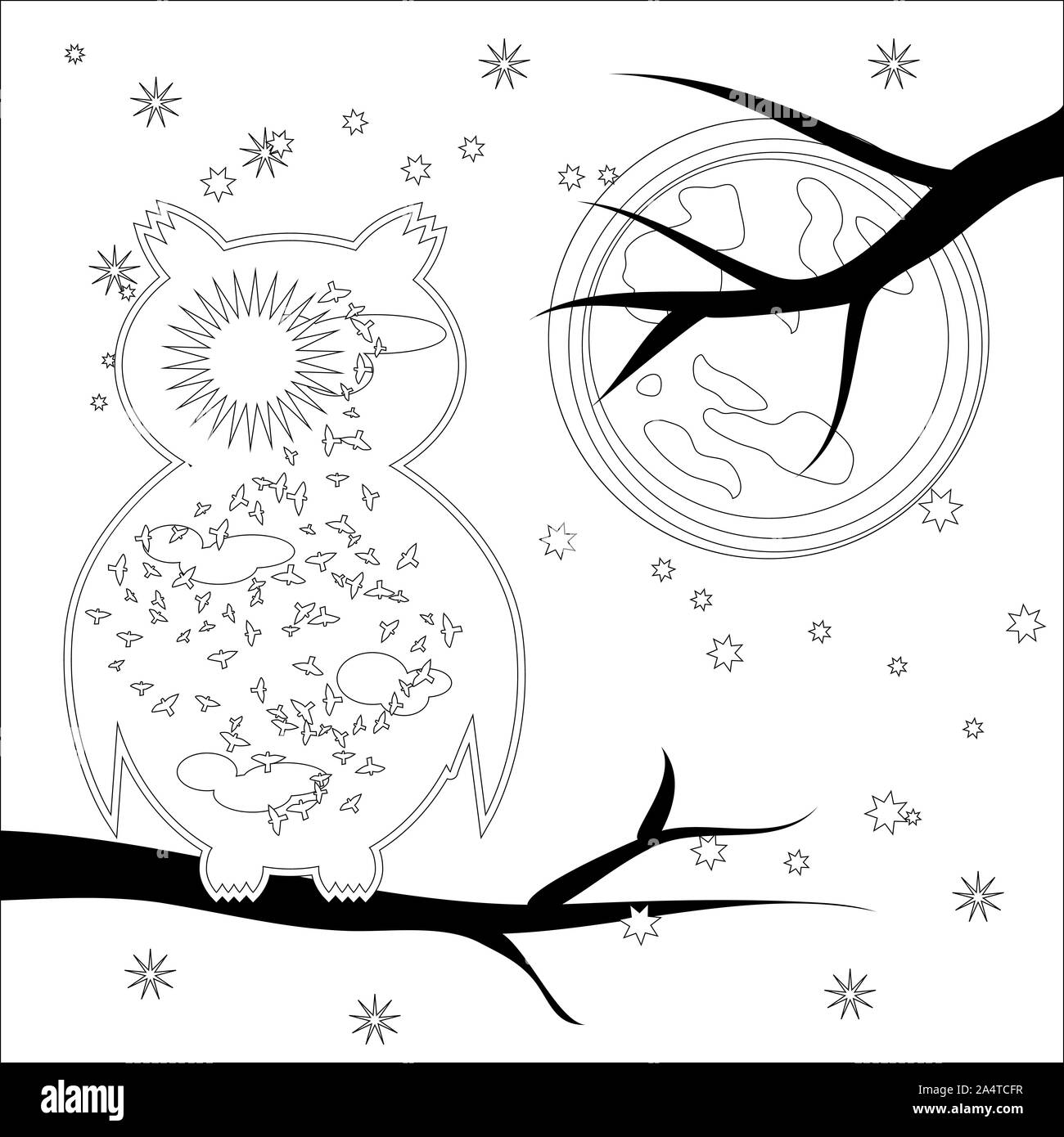 Coloring page with symbol moon sun owl coloring book for adult antistress album wall mural art tattoo black and white outline illustration stock photo