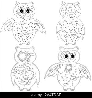 Coloring page with symbol moon sun owl coloring book for adult antistress album wall mural art tattoo black and white outline illustration stock photo