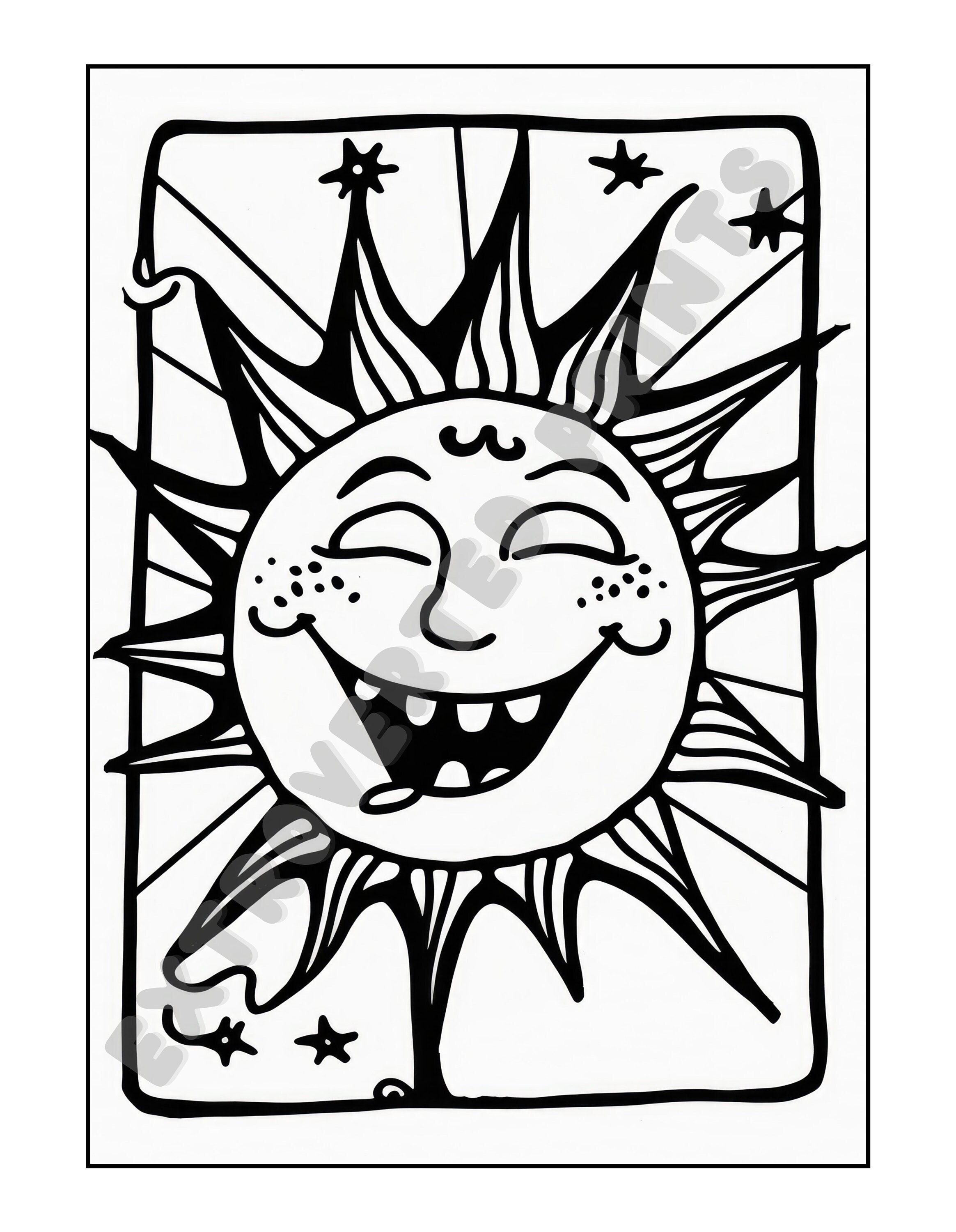 The sun tarot coloring page for kids and adults who experience