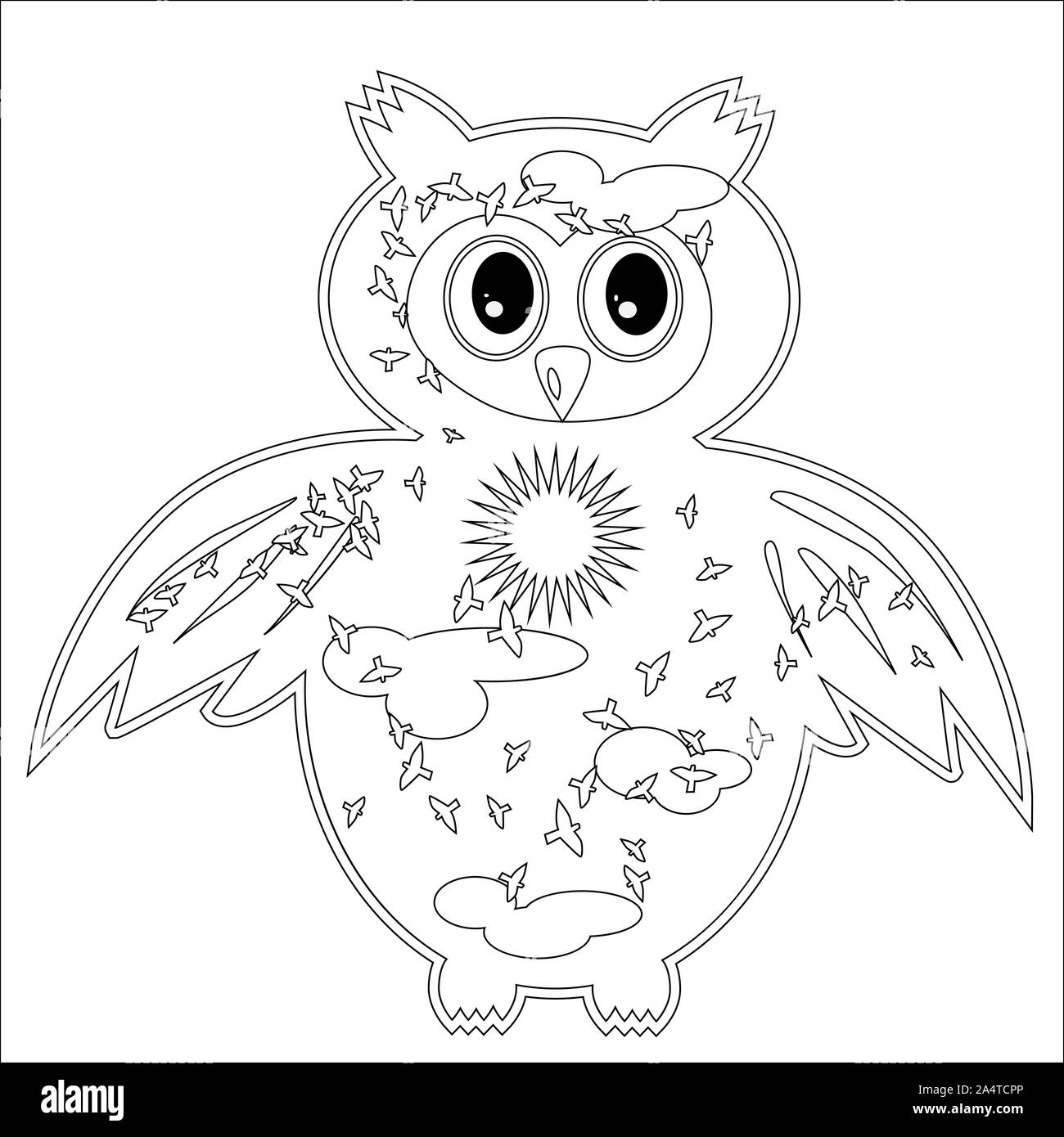 Coloring page with symbol moon sun owl coloring book for adult antistress album wall mural art tattoo black and white outline illustration stock photo