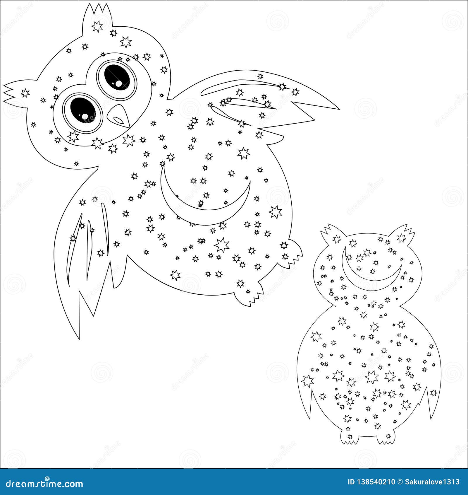 Coloring page with symbol moon sun owl coloring book for adult antistress album wall mural art tattoo stock illustration