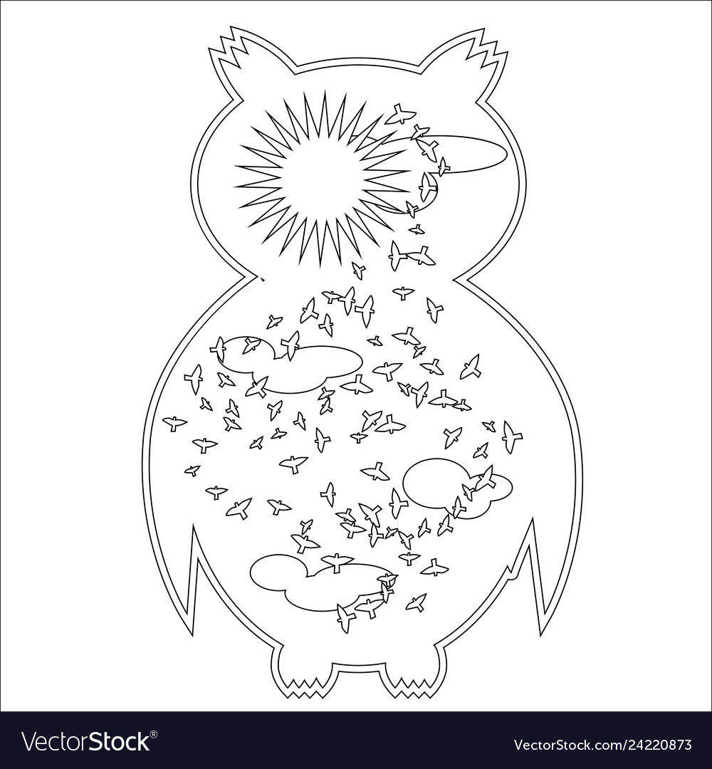 Coloring page with symbol moon sun owl royalty free vector