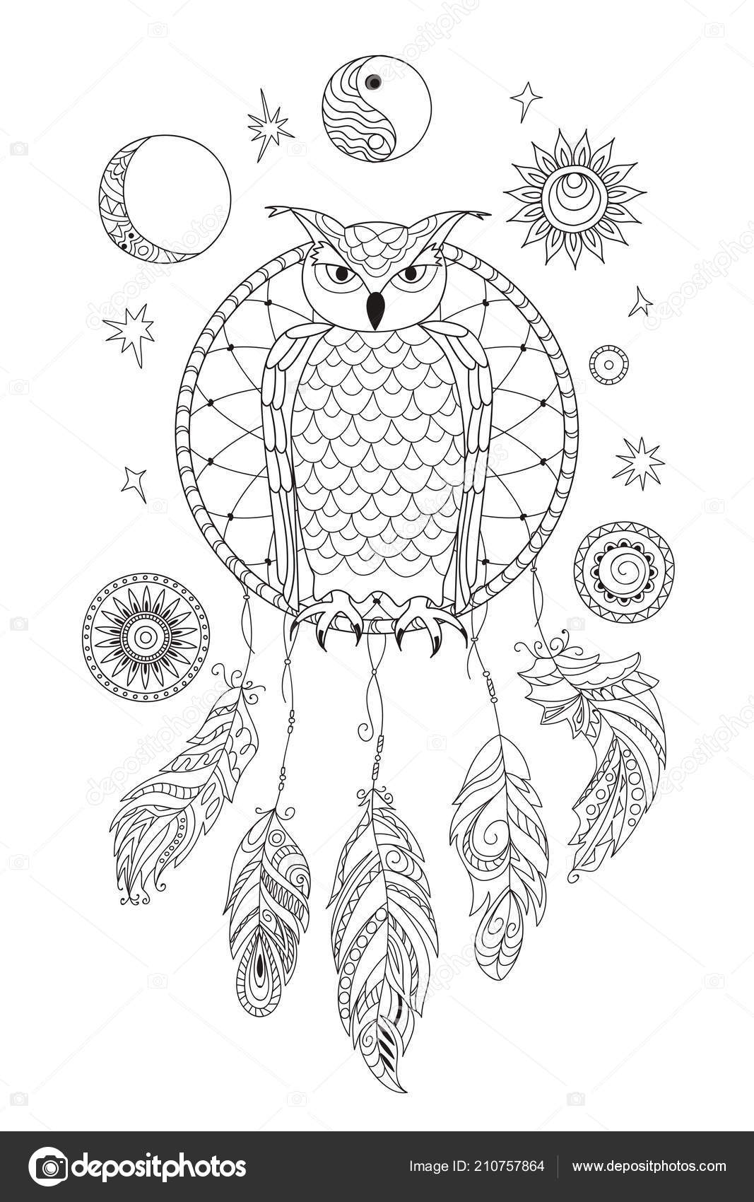 Coloring page symbol moon sun jin yang patterned owl feathers stock vector by sliplee