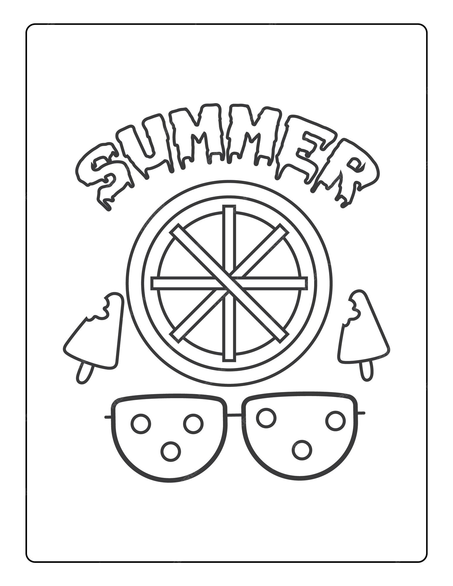 Premium vector summer coloring pages for kids with summer vibes sun and trees black and white coloring book