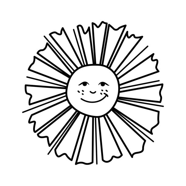 A smiling sun character in the outline style on a white background vector illustration stock illustration