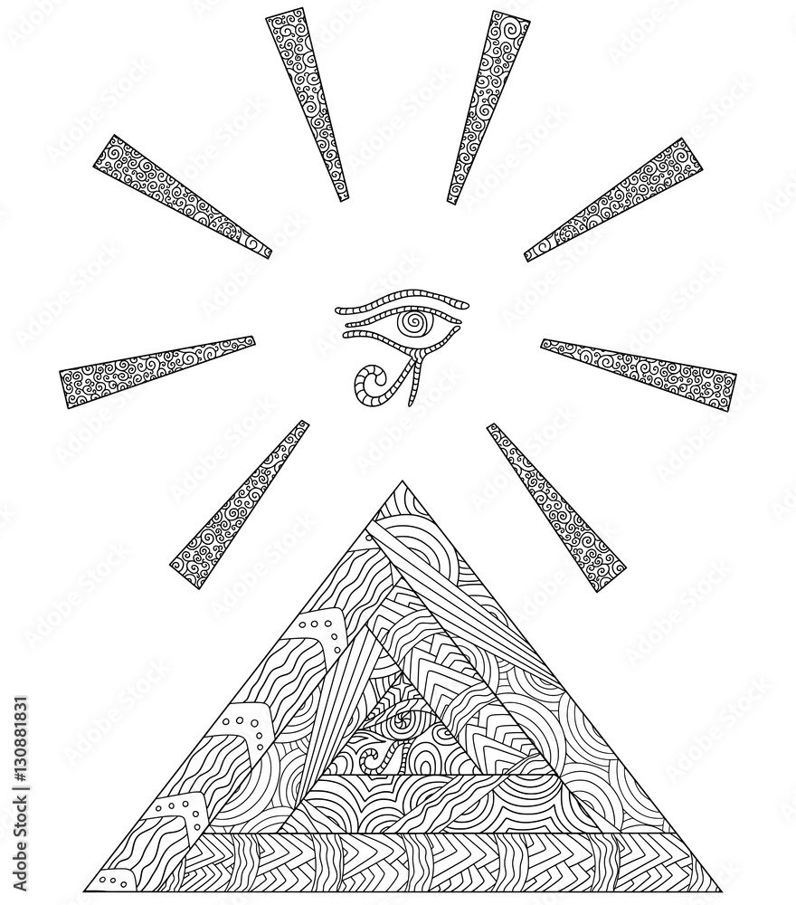 Doodle coloring book with the symbol of the egyptian pyramids and the eye of horus in the center of triangle from the eye of horus diverging the rays of sun vector