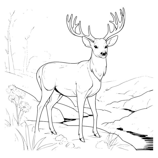 Premium vector big deer on the river bank coloring page drawing for kids