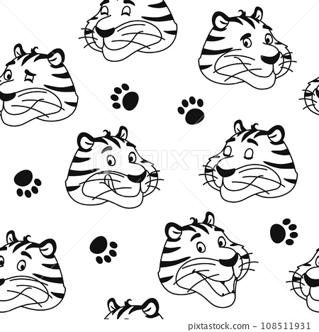 Black and white outline tiger seamless pattern