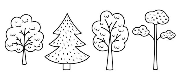 Premium vector vector black and white trees set woodland coloring page for kids cute nature outline collection with plants garden or forest icons packxa