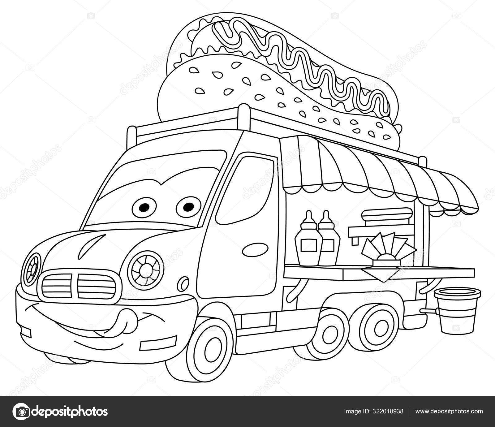 Coloring page with food truck vehicle stock vector by sybirko