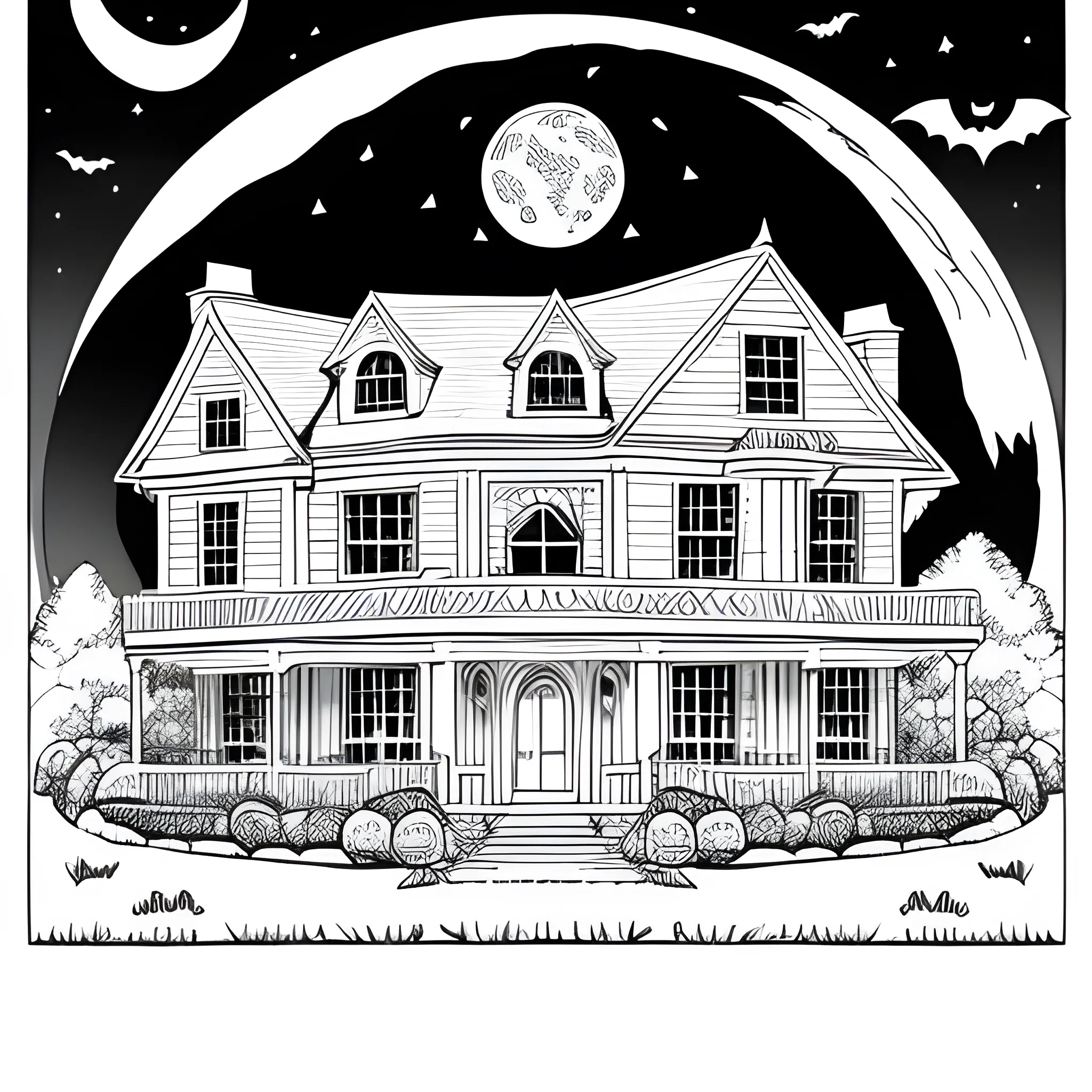 Coloring book white house in halloween moon only lines white