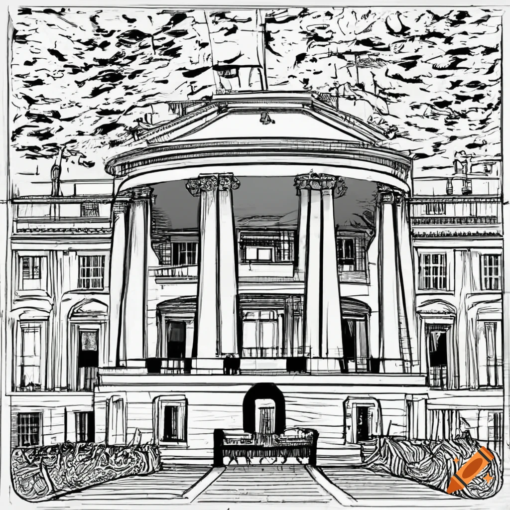 Black and white lineart of the white house