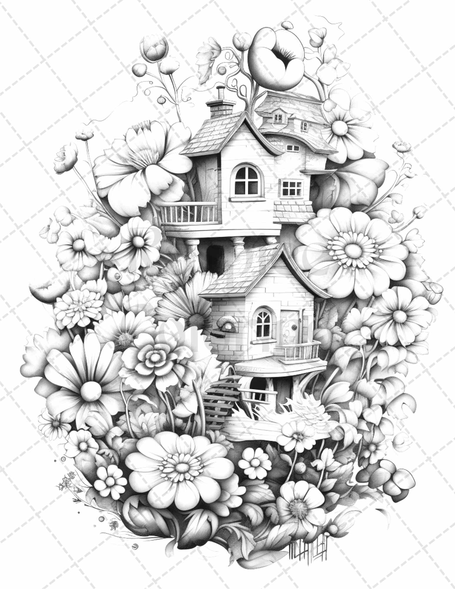 Flower houses grayscale coloring pages printable for adults pdf fi â coloring