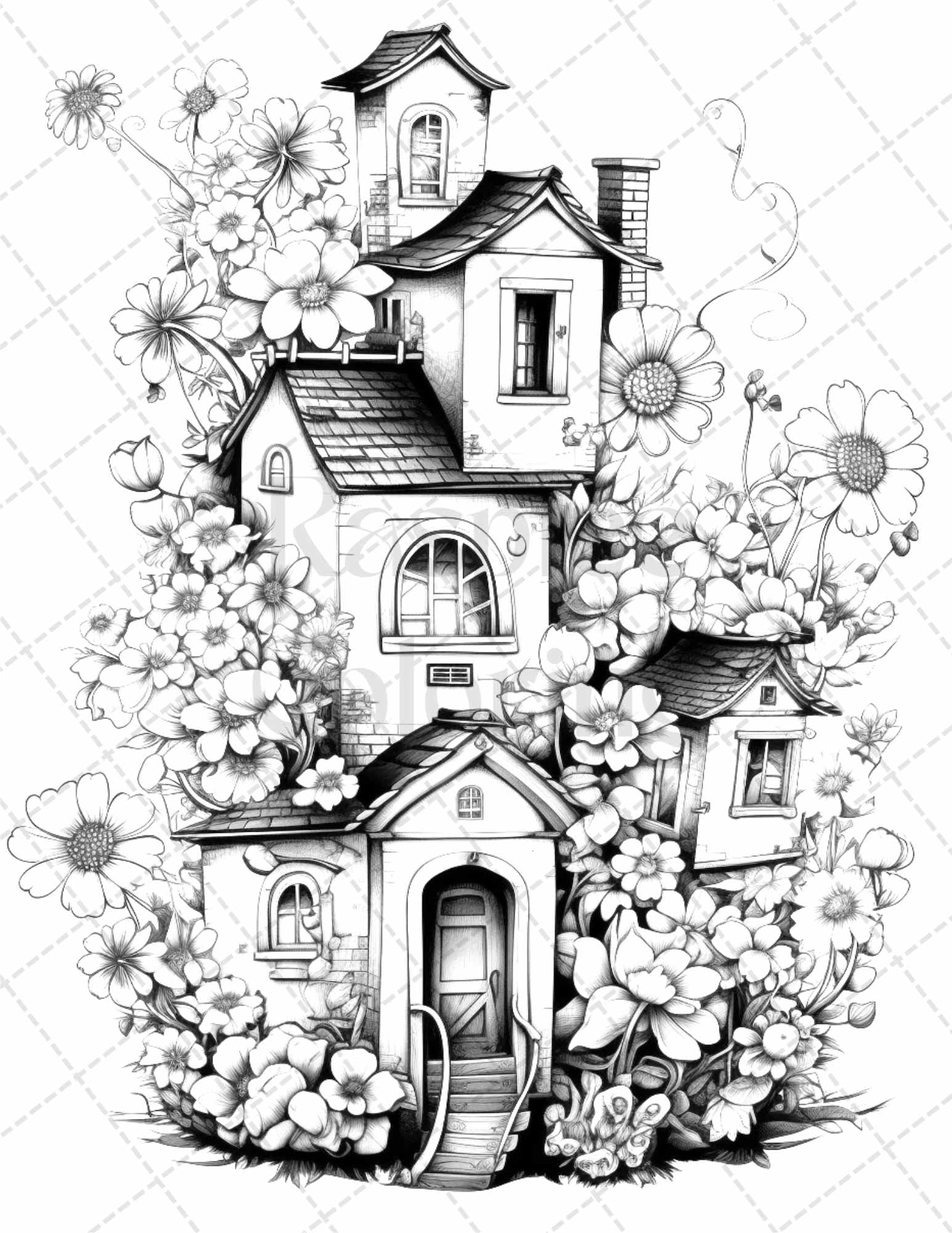 Flower houses grayscale coloring pages printable for adults pdf fi â coloring