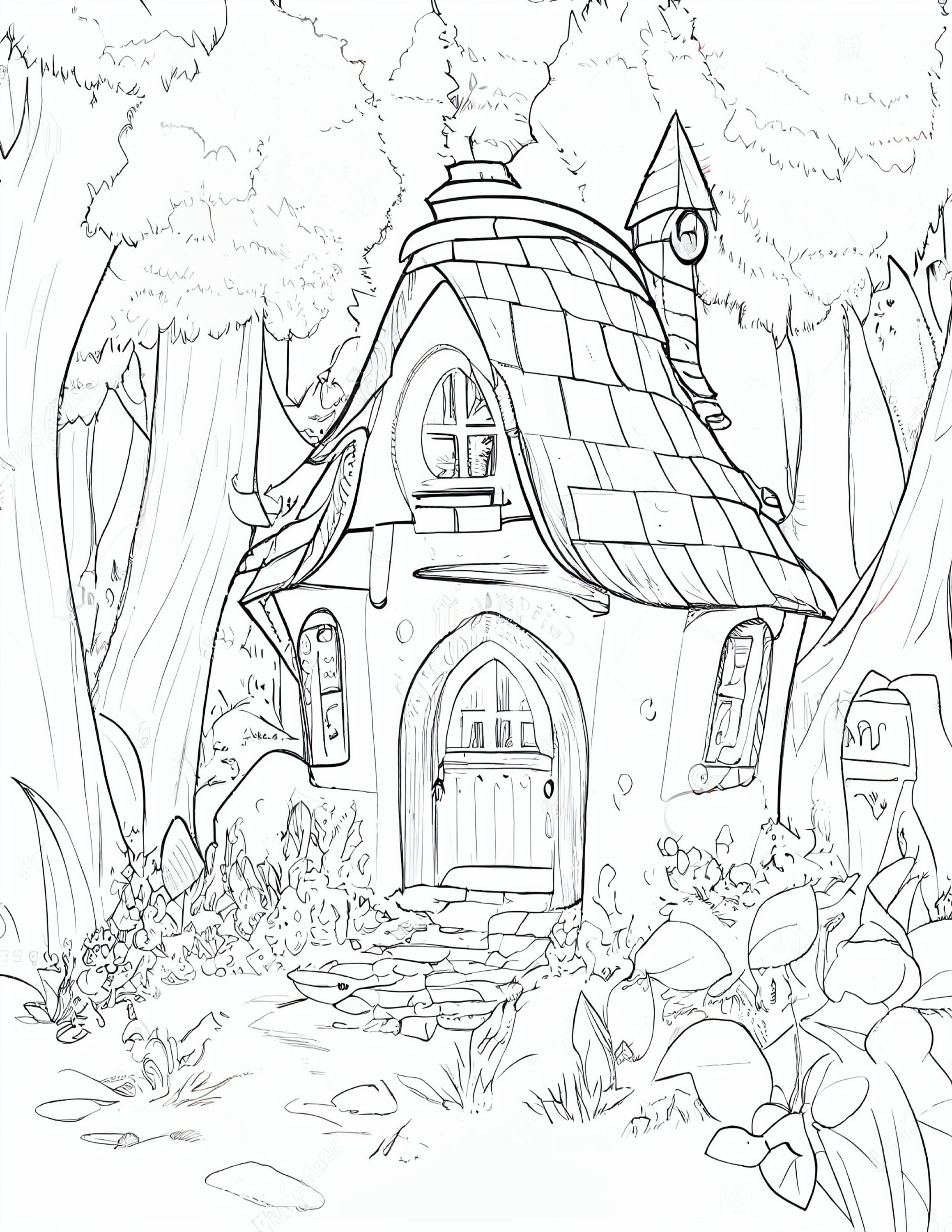 Adult grayscale coloring pages houses in the woods adult printable book digital download not a physical product