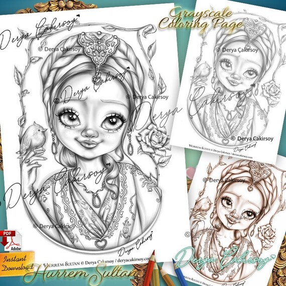 Hurrem sultan premium coloring page grayscale super cute big eyed illustration printable instant download with dark light pdf