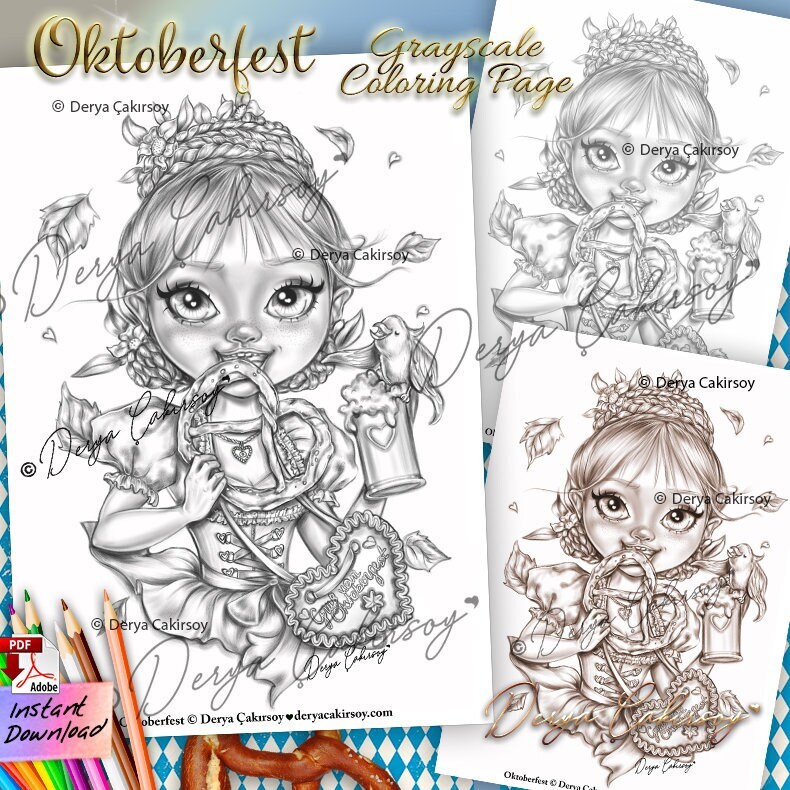 Oktoberfest grayscale premium coloring page cute big eyed illustration printable instant download pdf