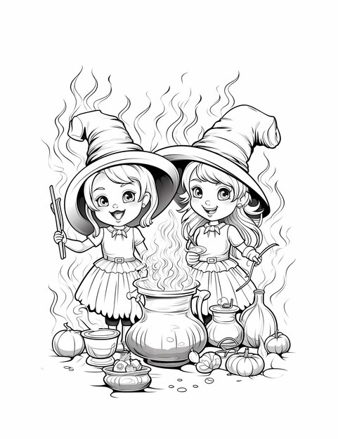 Premium ai image best collection kids coloring page halloween theme a trio of wicked witches brewing potions