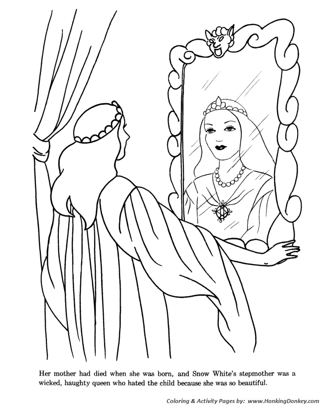 Snow white and the seven dwarfs fairy tale story coloring pages page