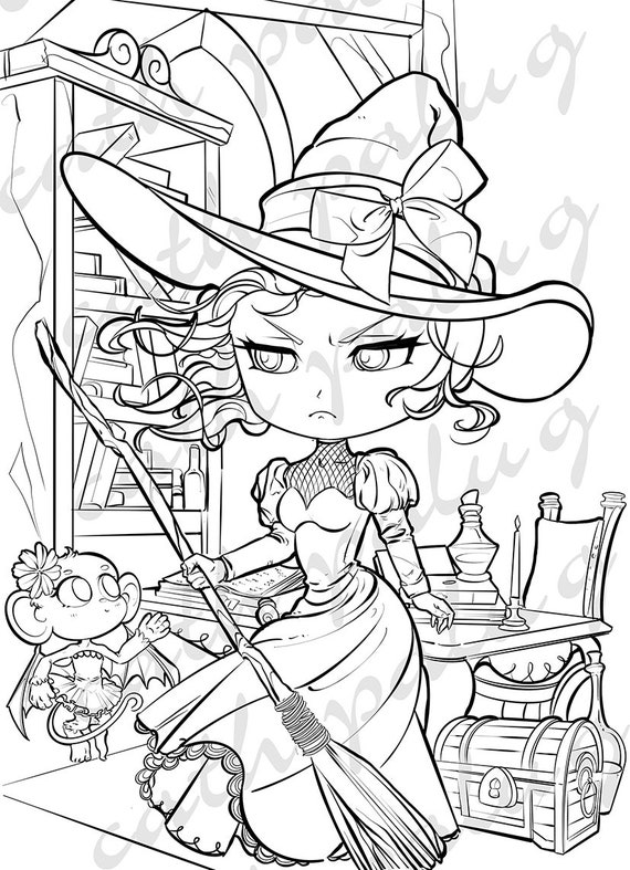 Digital stamp coloring pages halloween wicked witch of the west evil queen and cute mummy line art chibi instant download download now