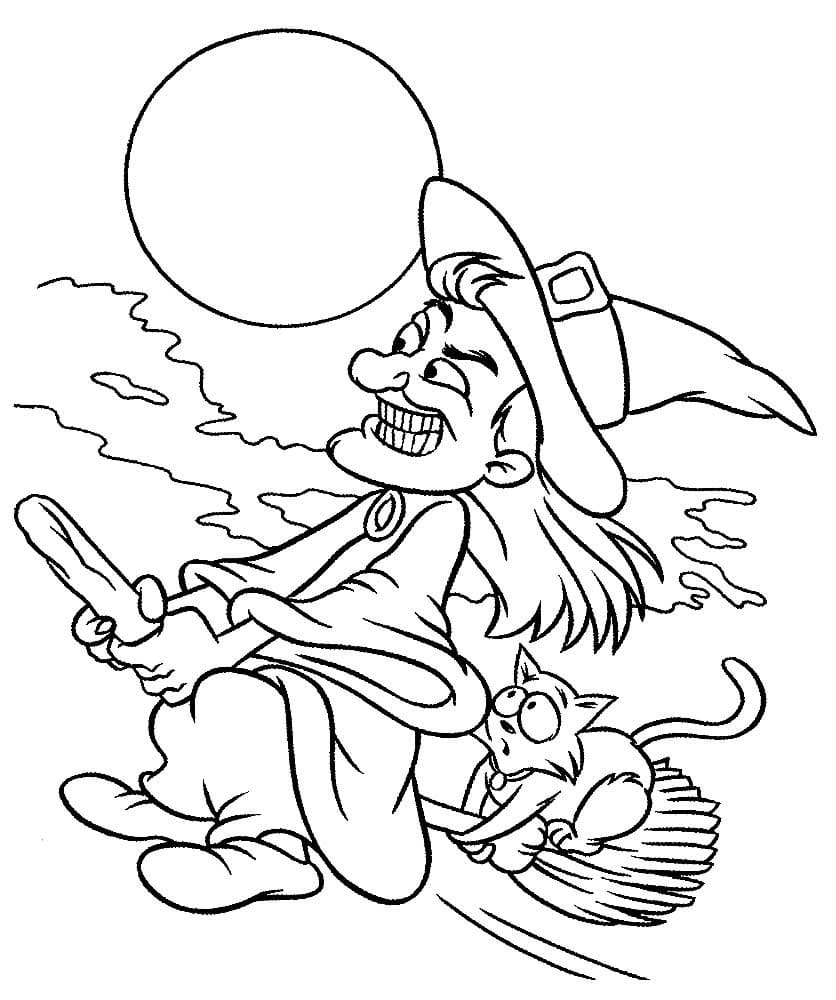 Witch and cat on broom coloring page