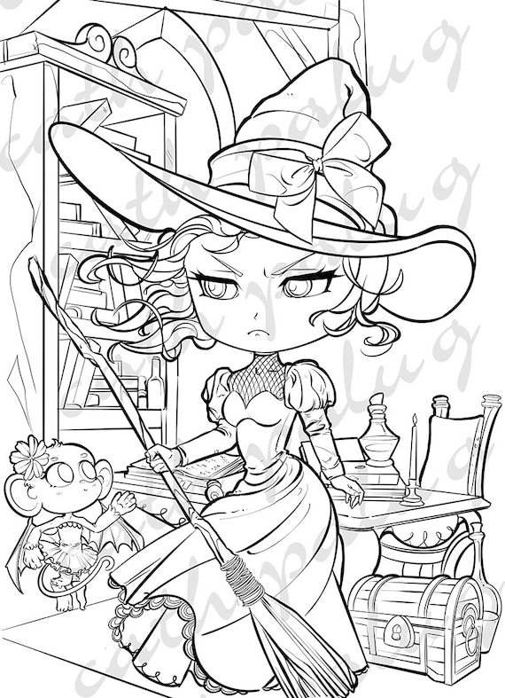 Digital stamp coloring pages halloween wicked witch of the west evil queen and cute mummy line art chibi instant download