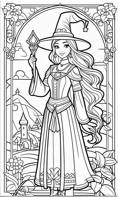 Coloring book page of witch