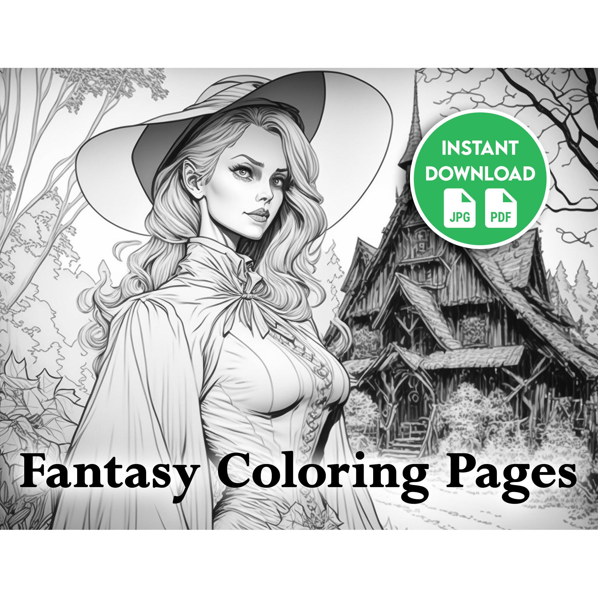 Witch cottage adult coloring page grayscale coloring pages for adults and children instant download printable x inches jpg pdf