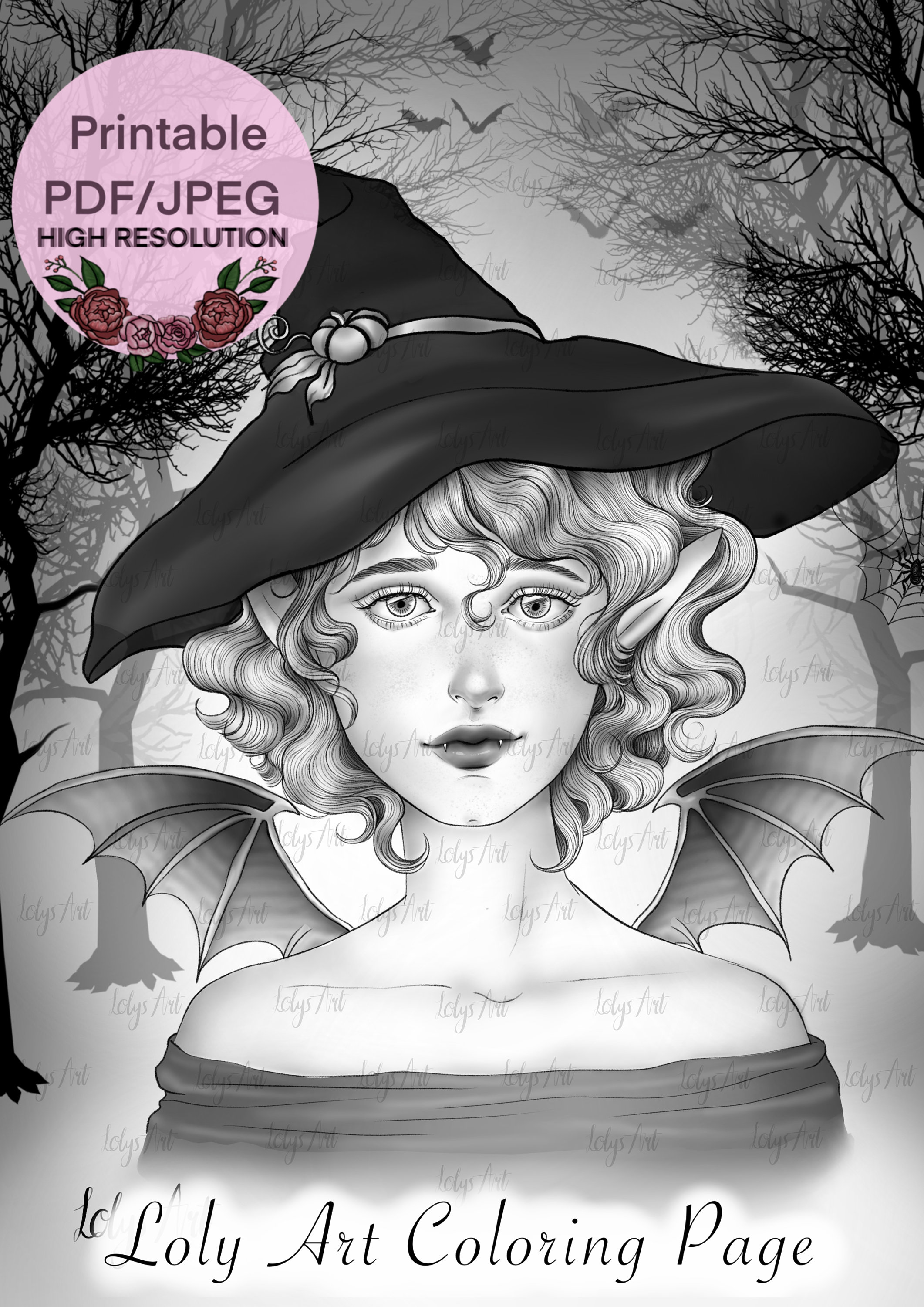 Bat witch printable adult relaxation portrait coloring page high quality instant download lineart and greyscale