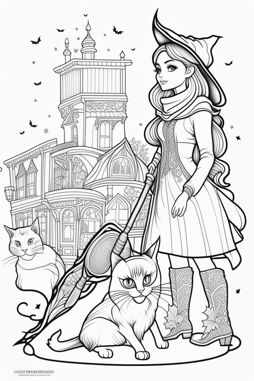 Coloring page of a witch on halloween