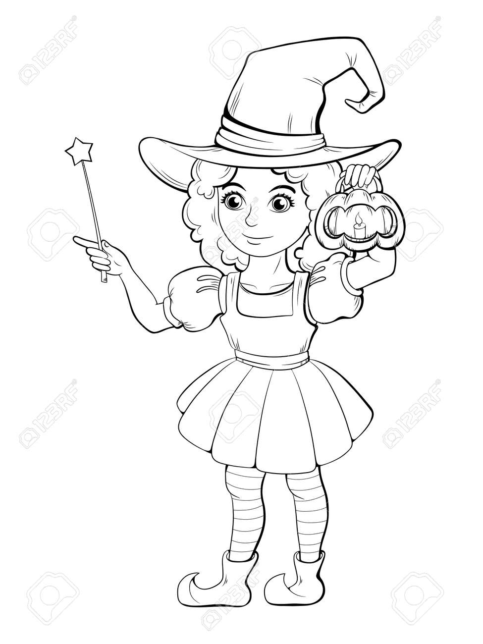 Black and white illustration girl in witch costume outline coloring on white background royalty free svg cliparts vectors and stock illustration image