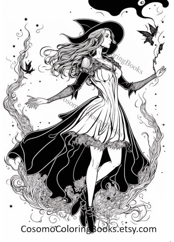 Female wizard witch coloring pages for adults kids magical fantasy witch printable coloring pages instant download images download now