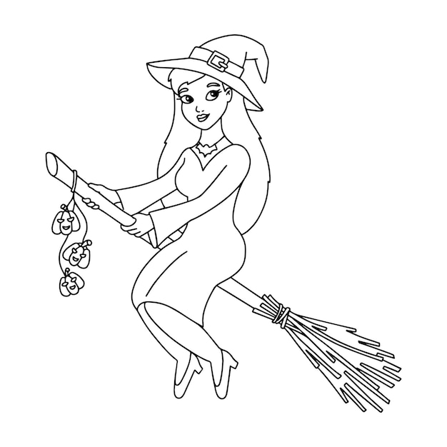 Premium vector a cute witch in a hat flies on a broomstick coloring book page for kids cartoon style character