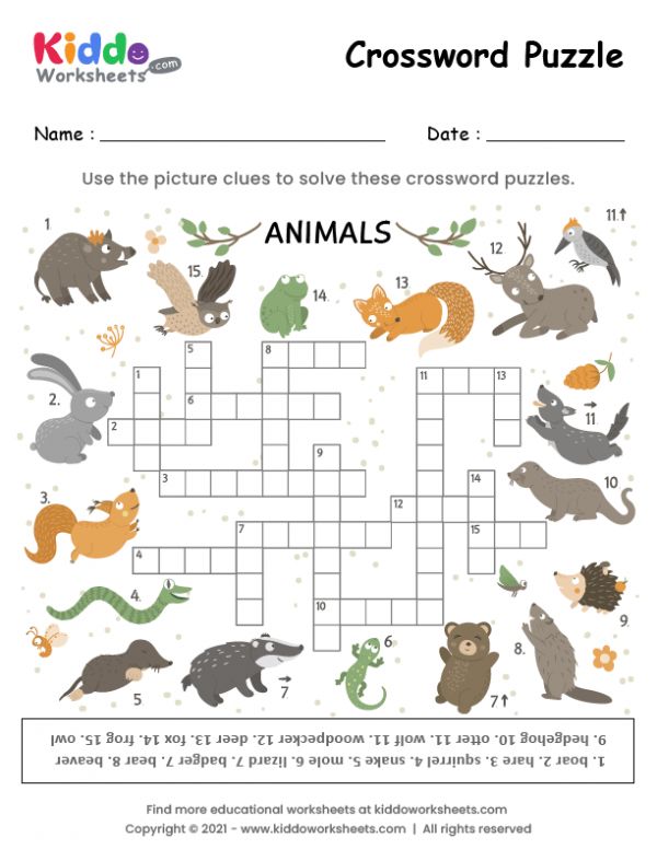 Free printable crossword puzzle animals worksheet