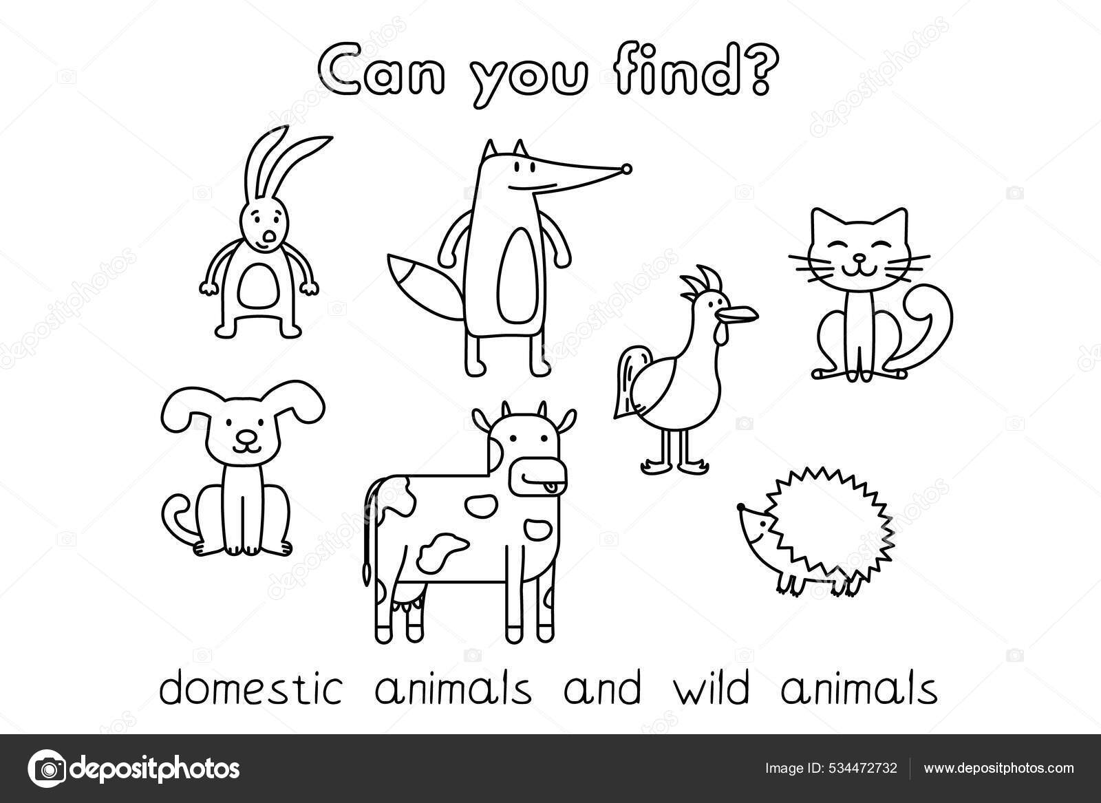 Domestic animals and wild animals coloring book game for kids stock vector by romanvolkov