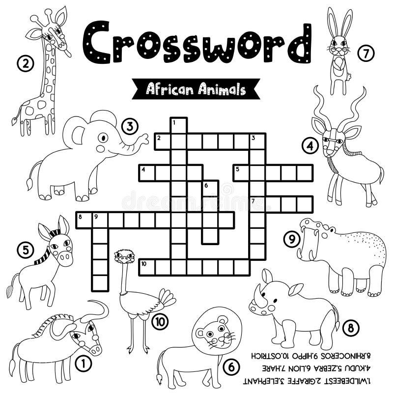 Crossword puzzle african animals coloring version stock vector