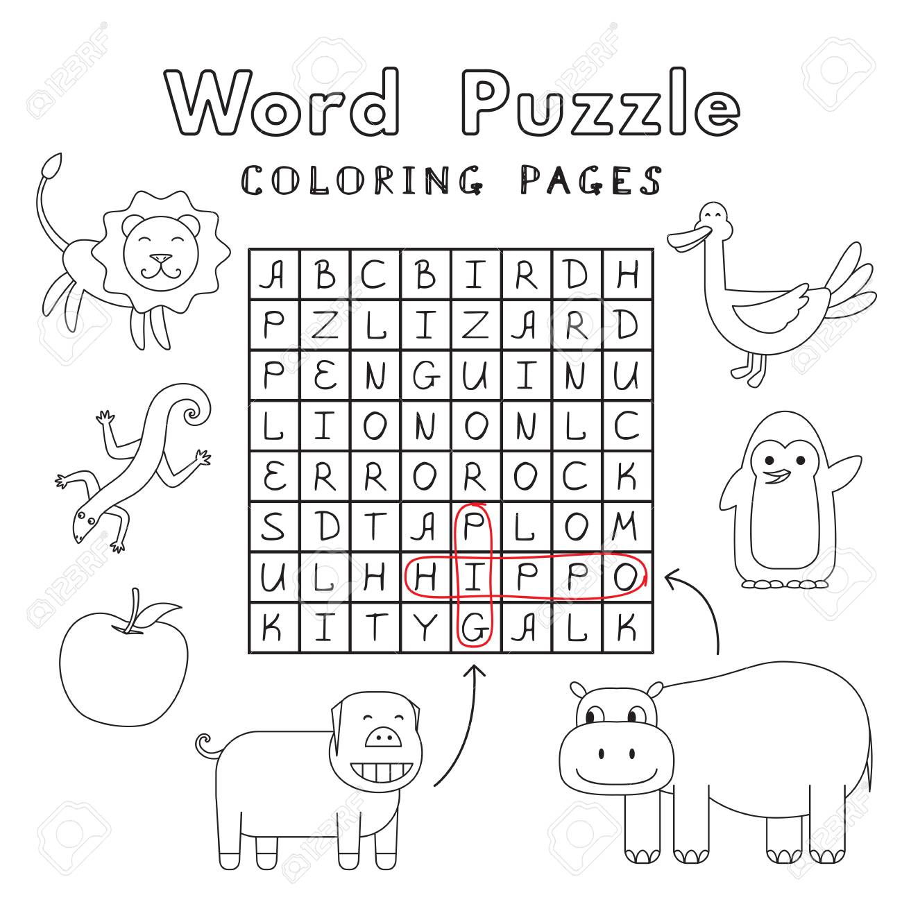 Cool presentation of a funny animals coloring book word puzzle royalty free svg cliparts vectors and stock illustration image