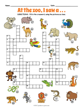 Esl zoo wild animals crossword puzzle worksheet activity