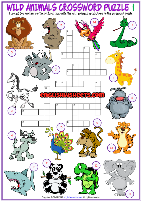 Wild animals esl printable crossword puzzle worksheets