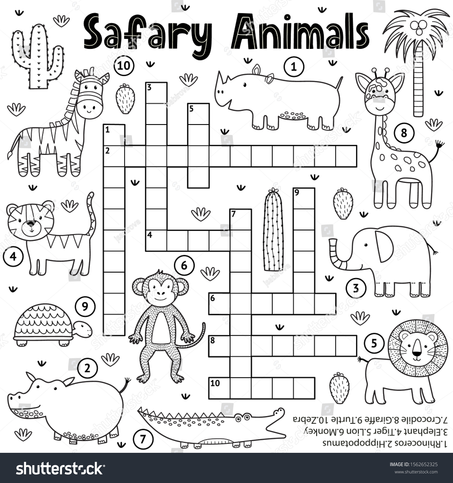 Black white crossword game kids safari stock vector royalty free