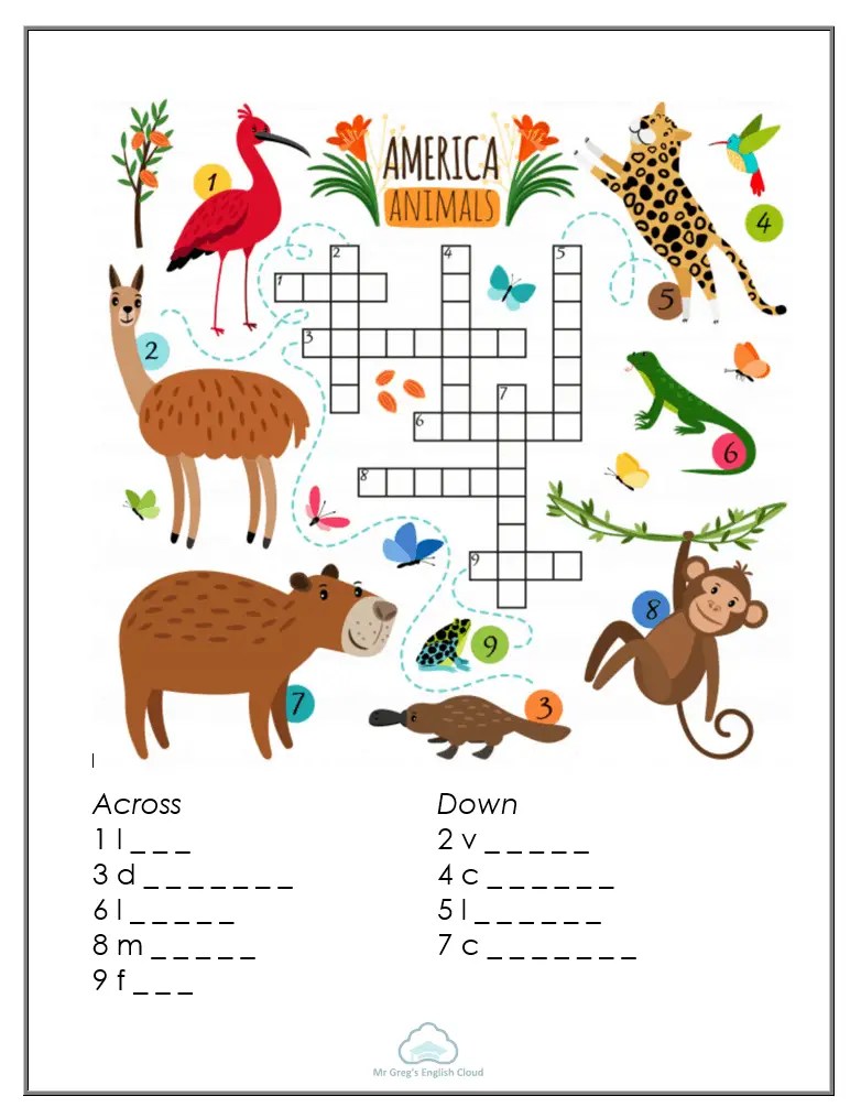 Kindergarten crossword animals â mr gregs english cloud