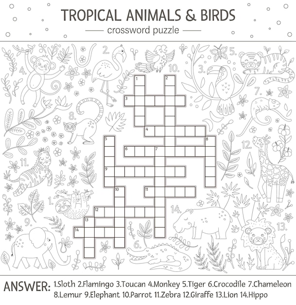 Premium vector summer crossword puzzle quiz with tropical animals and birds for children educational black and white jungle activity with cute funny characters fun coloring page for kids