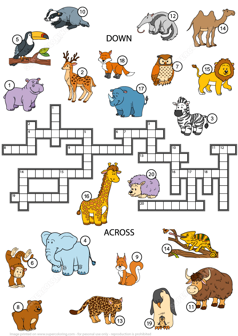 Animals crossword puzzle for studying english vocabulary free printable puzzle games