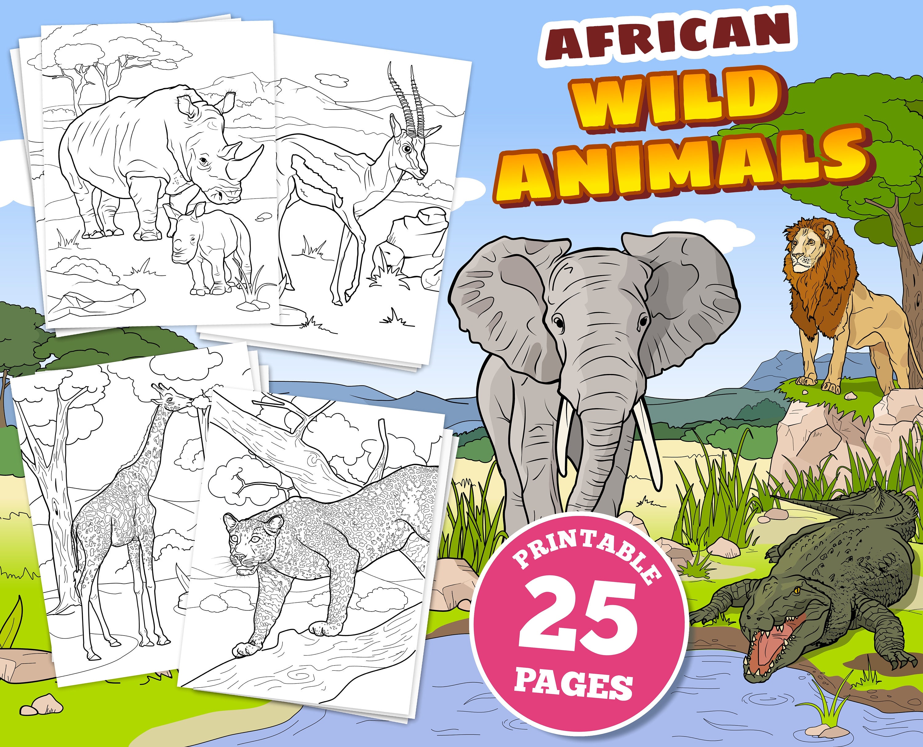 Printable digital coloring pages for kids african wild animals coloring book safari savanna unique illustrations instant download instant download