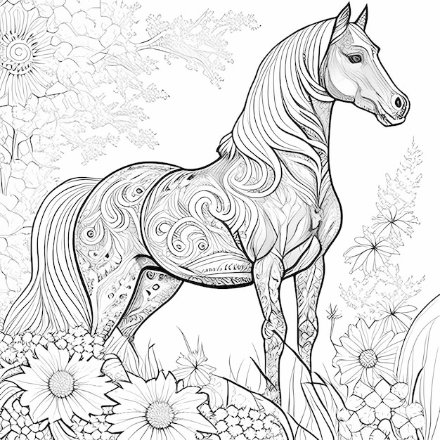 Premium ai image beautiful montana landscape mountains and water coloring page for kids wild horses