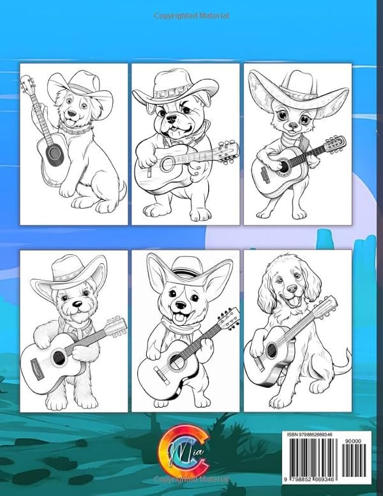 Wild west dog coloring book cute cowboy dogs playing guitar in western life coloring pages for adults and kids cute puppy illustrations for anxiety relief and relaxation colora mia