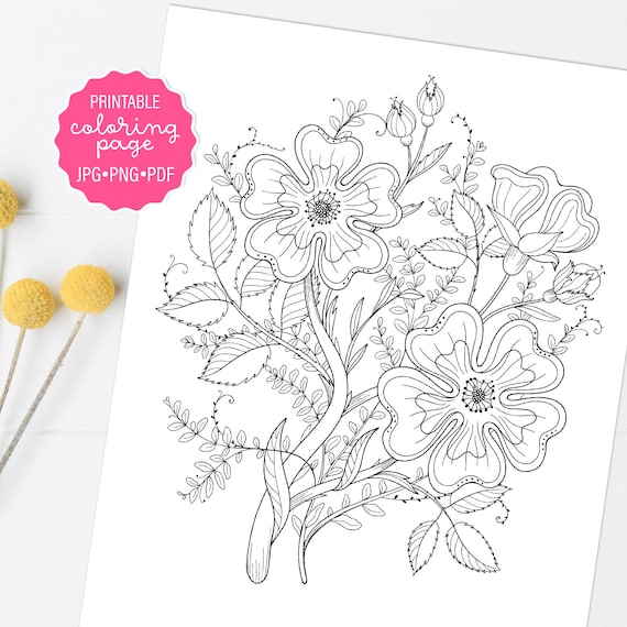 Wild rose coloring page floral botanical coloring sheet adult coloring printable or digital