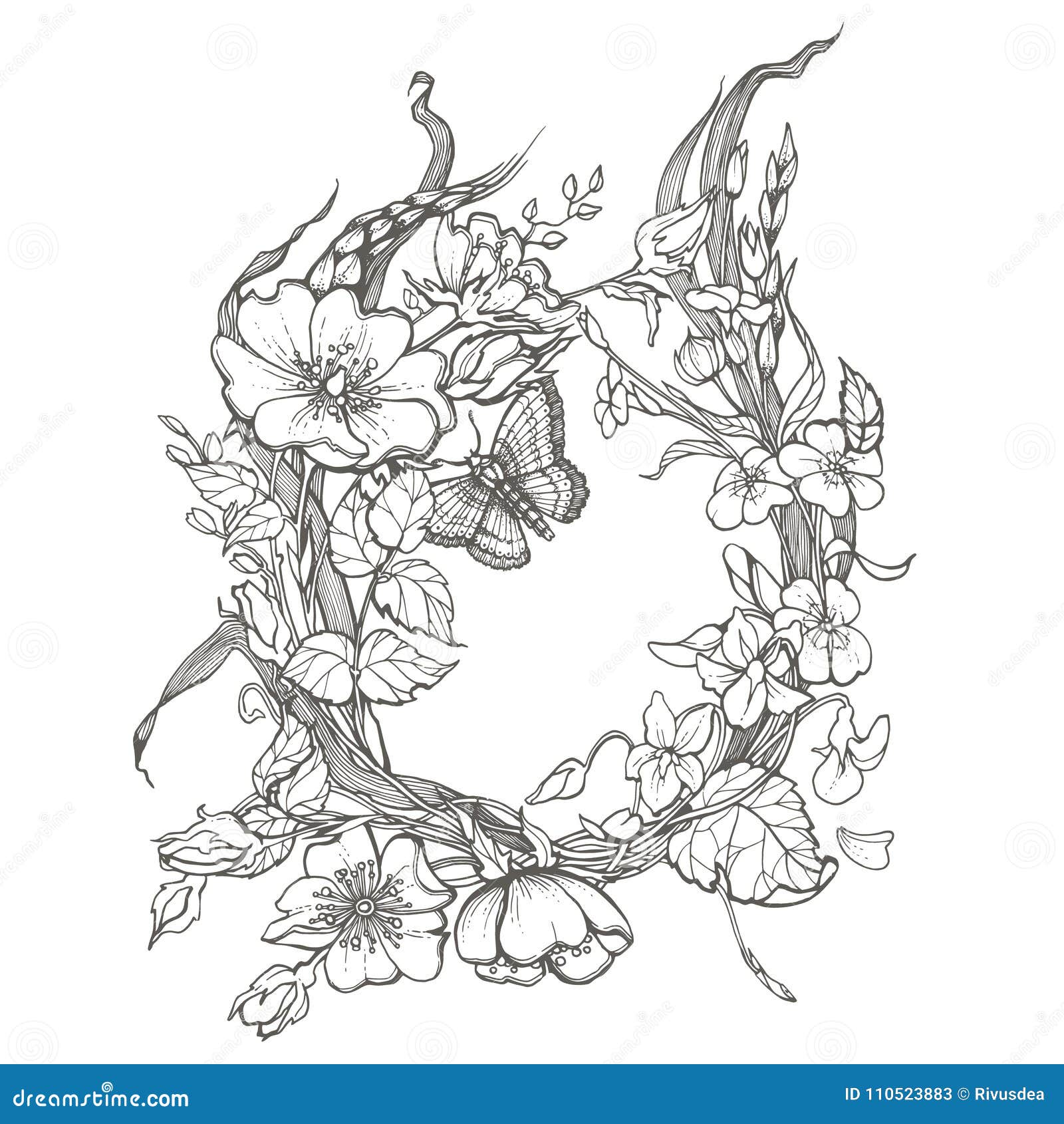 Wild dog rose flowers frame contour ink adult coloring page drawing vector clipart on white background stock vector