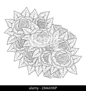 Black rose flower adult coloring page with wild rose decorative bouquet pencil sketch drawing stock vector image art